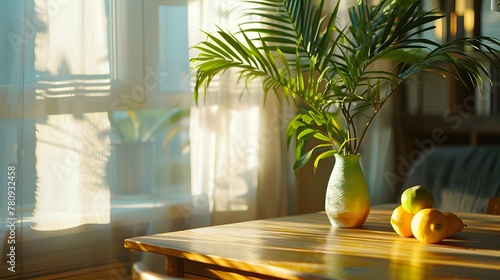 Plant with fruit on table with light and shadow in dining room photo