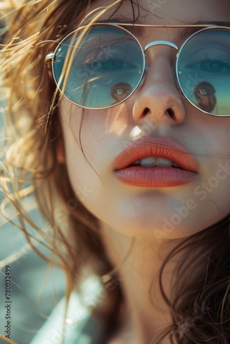 Close-up shot of a woman wearing sunglasses. Perfect for fashion or summer-themed designs