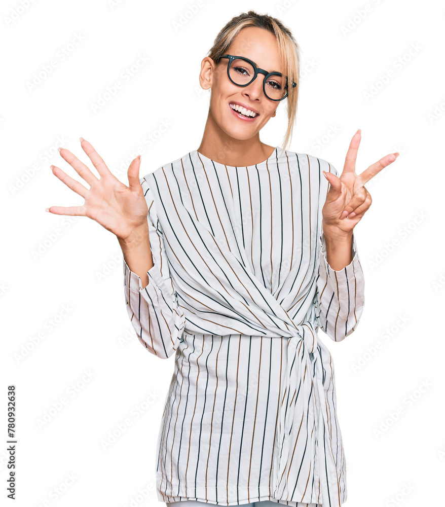 Beautiful blonde woman wearing business shirt and glasses showing and pointing up with fingers number eight while smiling confident and happy. Beautiful blonde woman wearing business shirt and glasses showing and pointing up with fingers number eight while smiling confident and happy.