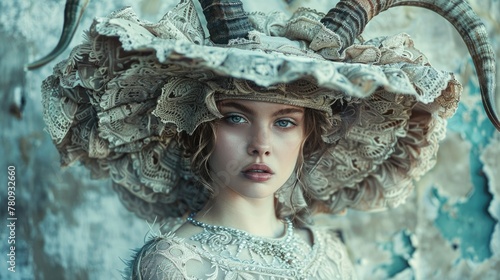 A woman wearing a hat with horns, perfect for Halloween events or fantasy-themed projects