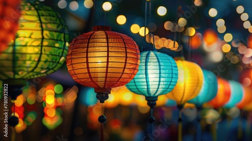 Vibrant lanterns suspended from a ceiling  perfect for festive decorations