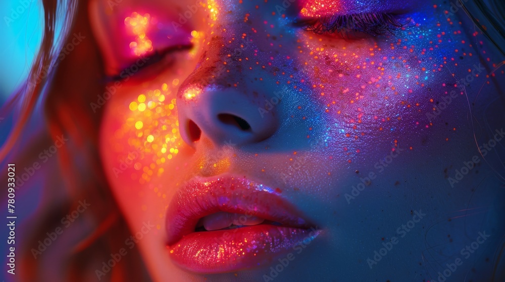 A high fashion model posing in vibrant colors. A portrait of a beautiful girl with trendy makeup. Original art design, colorful make-up. Wide colourful background.