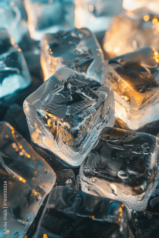 A pile of ice cubes on a table, perfect for summer refreshment concepts