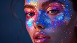 Disco dancer in neon light. Fashion model in neon light, portrait of beautiful model wearing fluorescent make-up, Body Art design in UV, painted face, colorful make-up over black background.