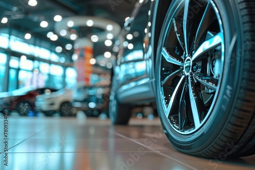 Close up of a tire on a car in a showroom. Ideal for automotive industry promotions
