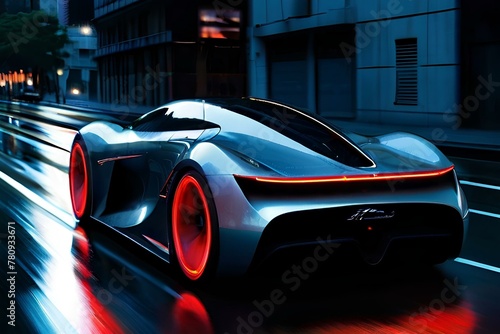 A sleek concept car, its futuristic design illuminated by the night rain like liquid silver, races down a highway at 200 mph, dangerously weaving through oncoming traffic. The aerodynamic curves and L photo