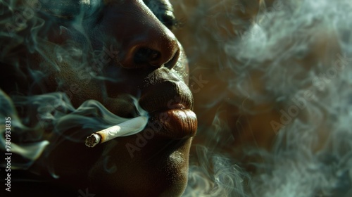 A woman smoking a cigarette with smoke coming out of her mouth. Suitable for health and addiction-related concepts