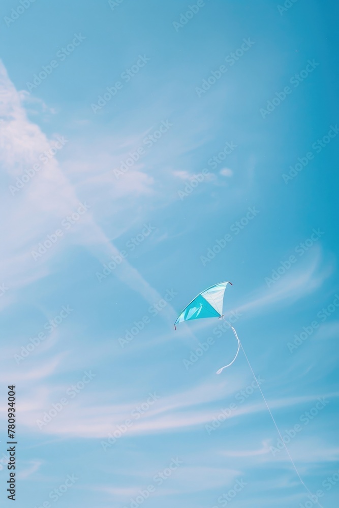 Person flying a kite in a blue sky, suitable for outdoor activities promotion