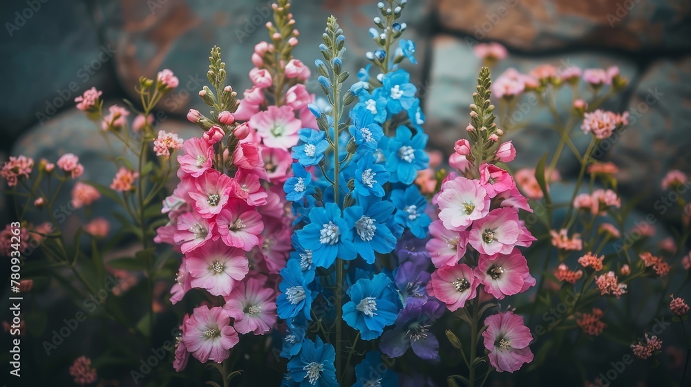 Obraz premium A tight shot of a flower arrangement with rocks in the background, behind the flowers