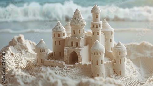 A whimsical sandcastle sculpted on the beach with great detail, standing against a crystal clear sky and ocean horizon © Bi