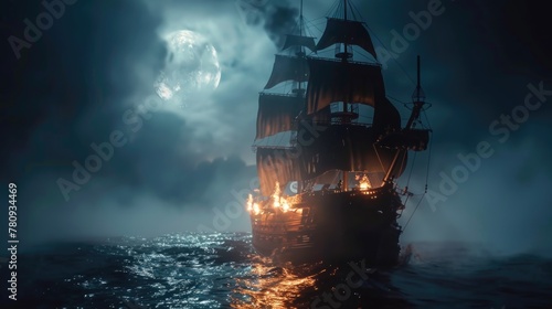 A ship sailing in the vast ocean under a full moon