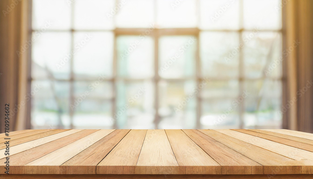 Empty wooden countertop with blurred panoramic window background. Mockup for the presentation of products, drinks, food and delicacies. Background with empty space for text. Generative AI. Empty wooden countertop with blurred panoramic window background. Mockup for the presentation of products, drinks, food and delicacies. Background with empty space for text. Generative AI.