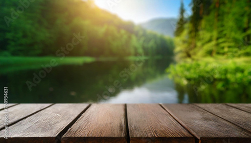 Empty wooden countertop with blurred landscape, forest, lake, mountains. Mockup for the presentation of products, drinks, food and delicacies. Background with empty space for text. Generative AI.
