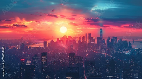 Mesmerizing Retro Futuristic Cityscape with Vibrant Sunset Glow