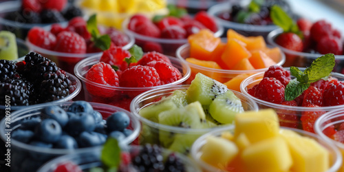 A bountiful display of mixed berries and fruit cuts in see through packs, offering a feast of freshness and health.