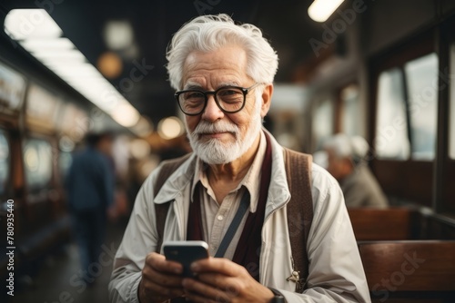 Homem idoso, cabelos brancos, fazendeiro, consultando seu celular em área rural, gerado com ia photo