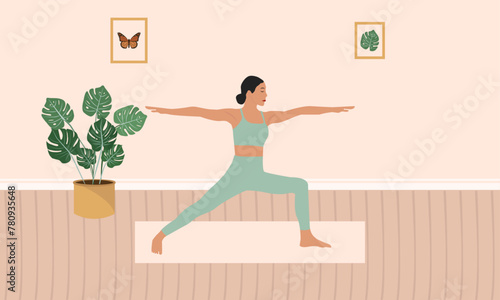 woman practicing yoga, warrior two pose