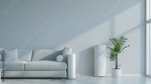A contemporary, serene living room with a white air purifier device standing out beside a lush indoor plant photo