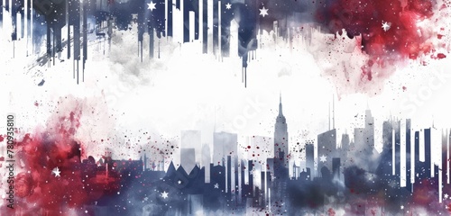 American flag background with red, white and blue stripes on the top and bottom of an abstract watercolor background with stars on one side and thick horizontal lines on another Generative AI photo