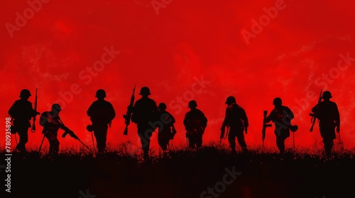 Silhouettes of soldiers on red backdrop. Remembrance Day symbol. Victory over Nazism. May 8, WWII memorial.