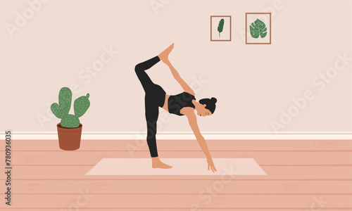 woman practicing yoga, forward fall while holding leg pose