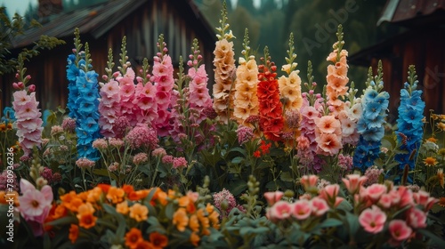   A field of colorful flowers in front of a wooden building A forest lies behind it