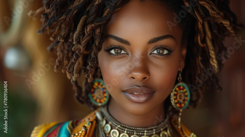 An attractive South African woman with a bronze necklace and natural make-up that glistens in the light