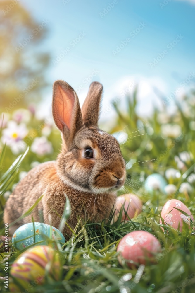 Fototapeta premium A cute rabbit sitting in the grass surrounded by colorful Easter eggs. Perfect for Easter holiday designs