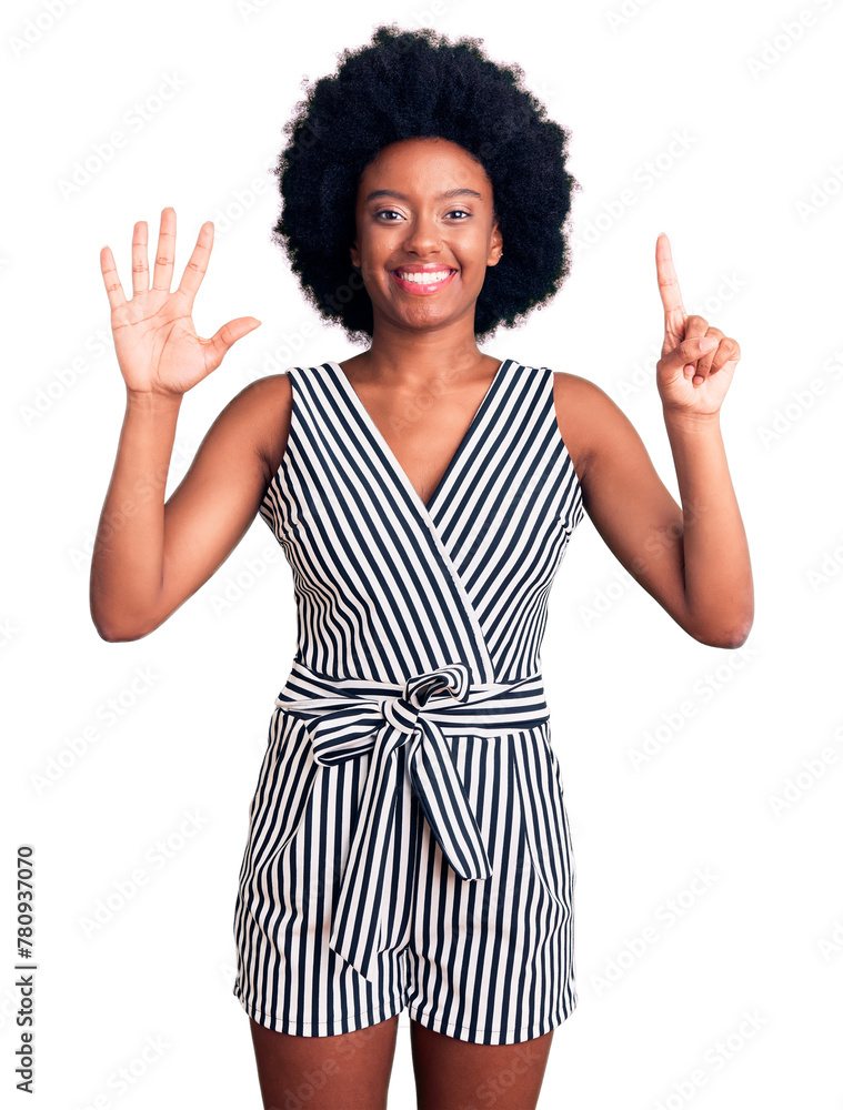 Young african american woman wearing casual clothes showing and pointing up with fingers number six while smiling confident and happy. Young african american woman wearing casual clothes showing and pointing up with fingers number six while smiling confident and happy.