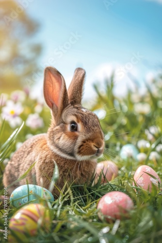 A cute rabbit sitting in the grass surrounded by colorful Easter eggs. Perfect for Easter holiday designs