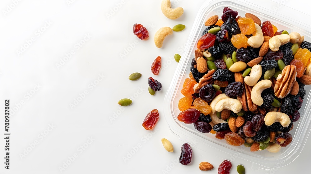 mix of dried fruits and nuts, : a plastic container on white background the view from the top with dried fruits and nuts space for text or design products