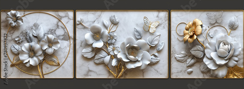 panel wall art, marble background with flowers designs , wall decoration 