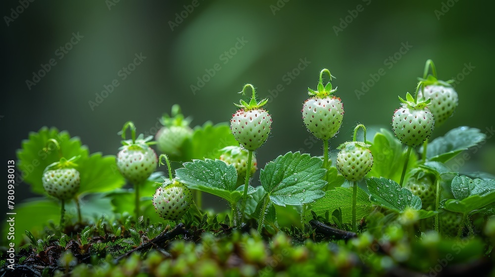   A cluster of strawberries sprouts from moss-covered ground, their leaves crowning the plants above - obrazy, fototapety, plakaty 