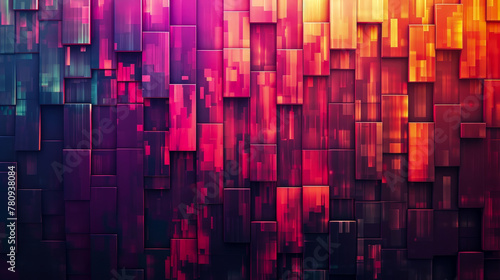 A colorful wall with pink, orange, and blue blocks