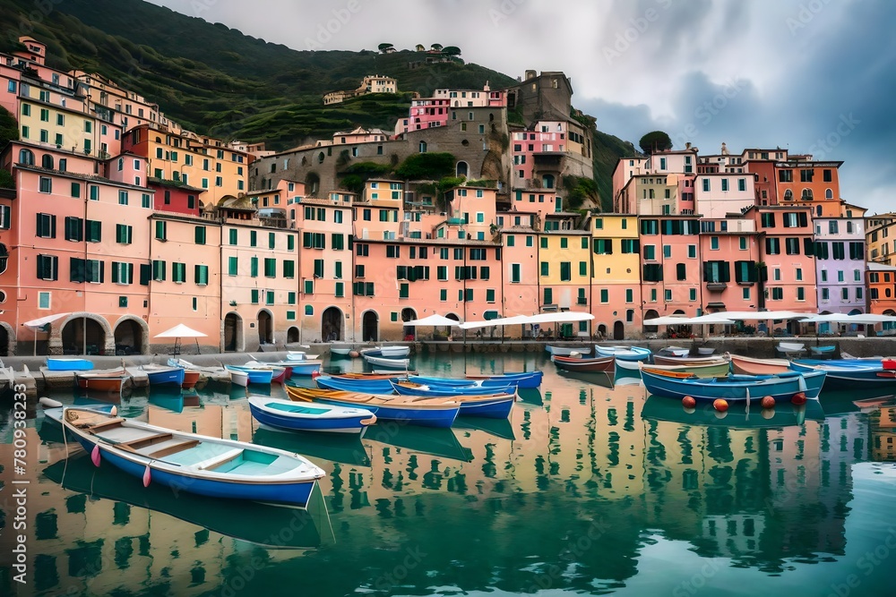 A full ultra HD photograph of Vernazza village's harbor, with fishing boats docked and the pastel-colored buildings reflecting on the calm waters. The high-resolution image captures the serenity 