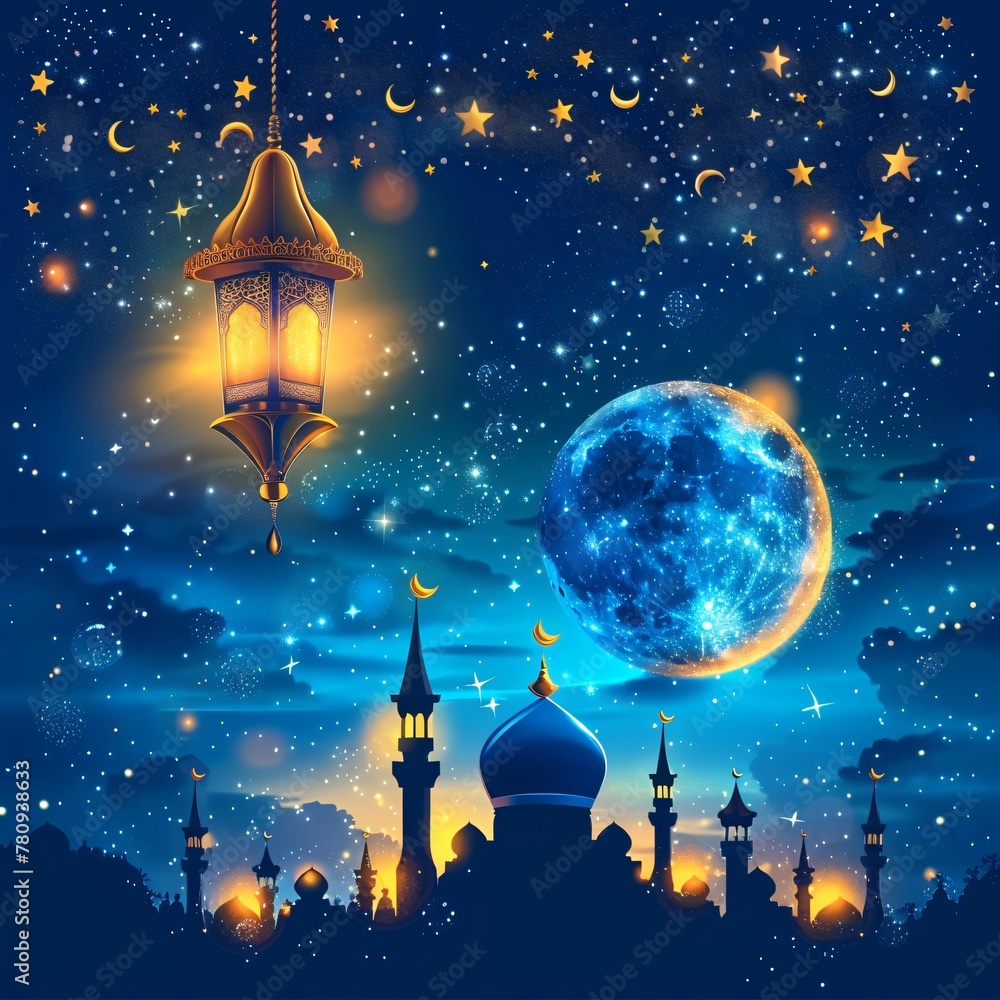 Naklejka premium Eid mubarak and ramadan kareem greetings with islamic lantern 
