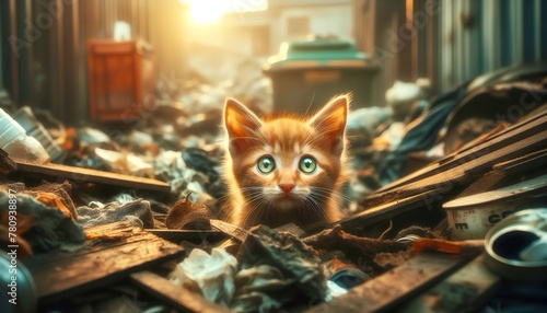 A red-haired stray kitten in a landfill photo