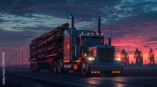 A semi truck driving down a highway at sunset. Suitable for transportation industry promotions