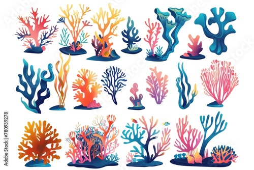 A collection of colorful corals and algae on a plain white background. Ideal for educational materials or marine life themed designs
