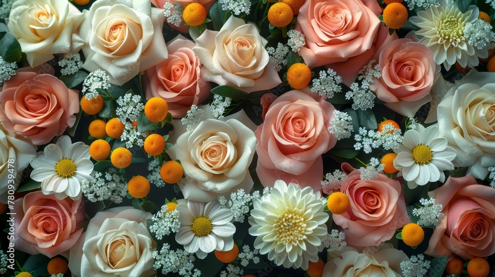   A close-up of a bouquet with oranges and white flowers in the center The white flowers surround the orange blooms, which are positioned centrally within the frame