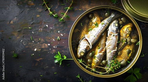 Open tin of sardines in olive oil with capers and thyme on dark rustic wooden background