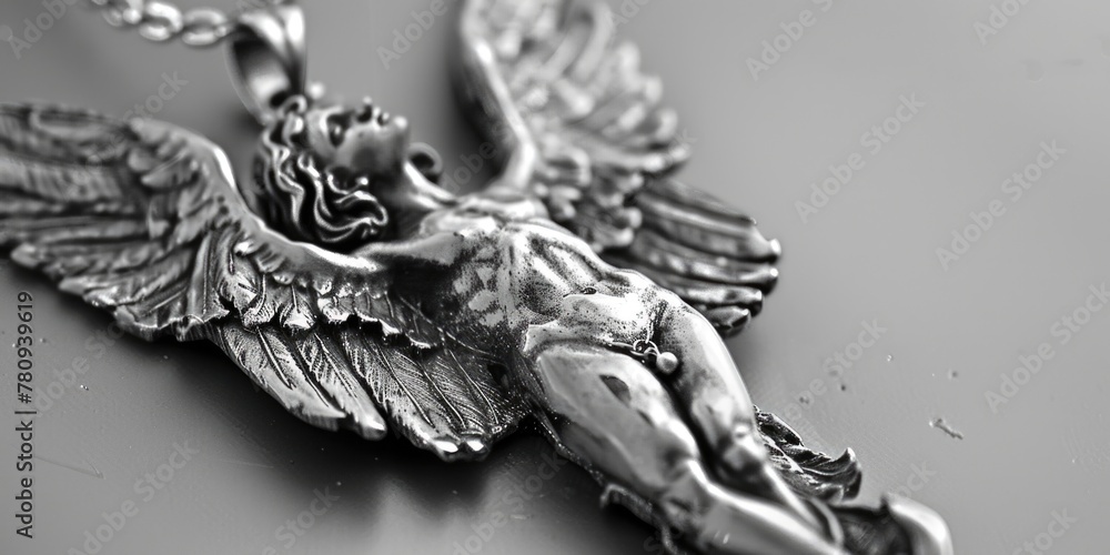 Obraz premium A silver necklace featuring an angel pendant. Suitable for jewelry stores or spiritual websites