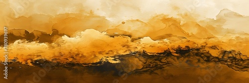 An abstract artistic background. Hand-painted ink landscape painting in Chinese style. Golden texture. Modern art prints, wallpapers, posters and murals.