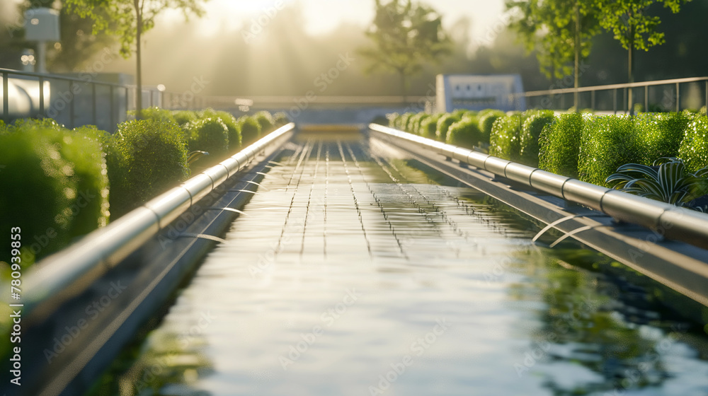 An innovative water management system visualized through a network of smart canals and filtration plants within the city, utilizing natural light to emphasize the clean, efficient