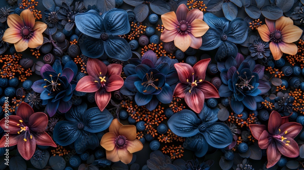   A tight shot of various blooms against a backdrop of blue and purple blossoms, boasting orange and red petals
