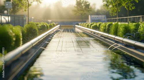 An innovative water management system visualized through a network of smart canals and filtration plants within the city, utilizing natural light to emphasize the clean, efficient