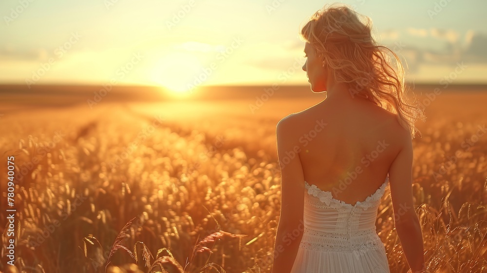 Beauty Girl in White Dress Running on a Spring Field in the Sunlight. Beautiful Teenage Model Girl running in the Spring Field.