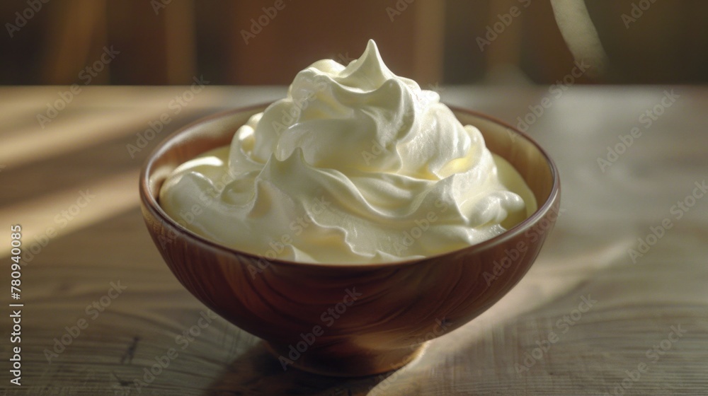 Bowl of whipped cream on rustic wooden table, perfect for food and dessert concepts Bowl of whipped cream on rustic wooden table, perfect for food and dessert concepts