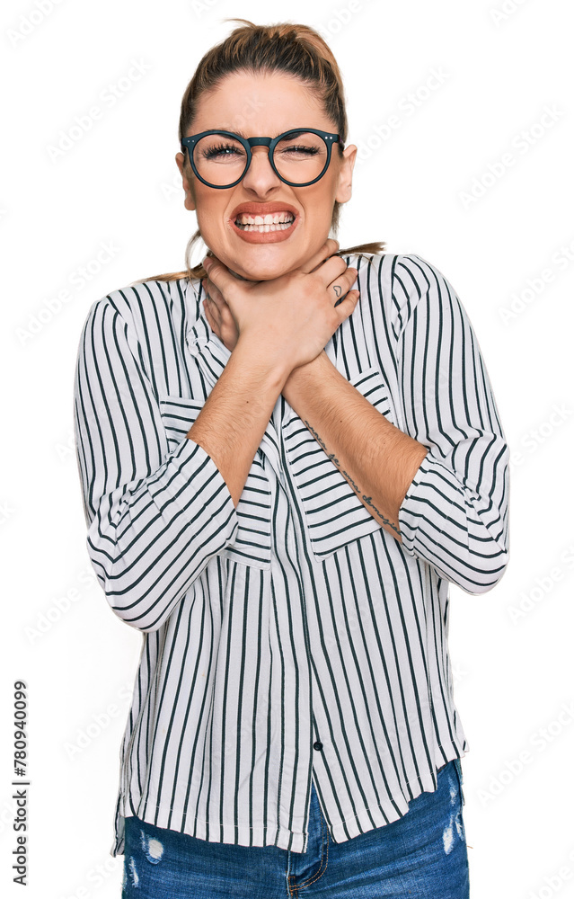 Young caucasian woman wearing business shirt and glasses shouting and suffocate because painful strangle. health problem. asphyxiate and suicide concept. Young caucasian woman wearing business shirt and glasses shouting and suffocate because painful strangle. health problem. asphyxiate and suicide concept.