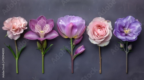   A row of pink, purple, and white flowers against a gray backdrop One flower of each color is located at the center of the row